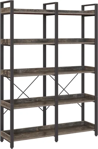 Seventable Estantería grande de 5 niveles, estantería industrial de 63 pulgadas de alto con 4 ganchos, estantería de madera para oficina en casa,