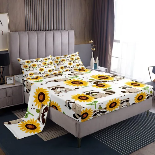 Miniatura 11 de Erosebridal Juego de sábanas tamaño individual de mapache para niños y niños, sábanas florales rosas de animales del bosque, juego de ropa de cama