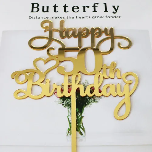 Miniatura 3 de Decoración de pastel de feliz cumpleaños 50, decoración acrílica dorada de doble cara, para decoración de pasteles de feliz cumpleaños 50