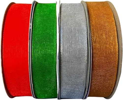 Cinta de organza transparente de colores navideños, 5/8 pulgadas x 25 yardas, juego de 4, rojo, verde esmeralda, oro, plata, envoltura de regalo,