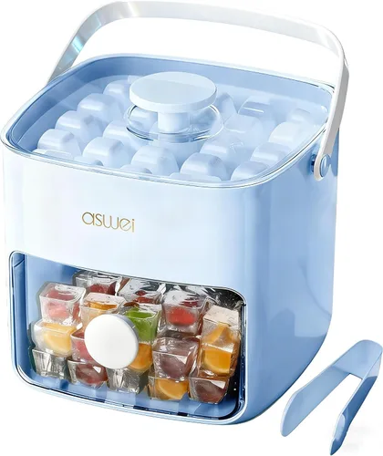 Miniatura 9 de Bandeja compacta para cubitos de hielo con tapa y contenedor, mini máquina de cubitos de hielo tipo prensa para congelador, cubo de hielo pequeño