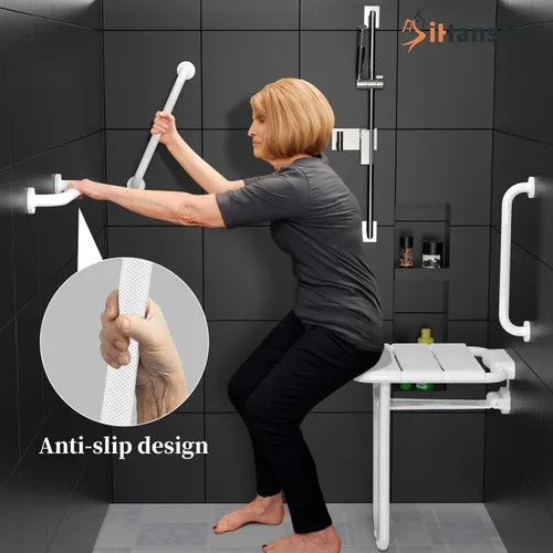 Miniatura 3 de Asiento de ducha plegable montado en la pared, capacidad de 500 libras, banco de ducha de acero inoxidable de 14 x 16 pulgadas con barra de agarre