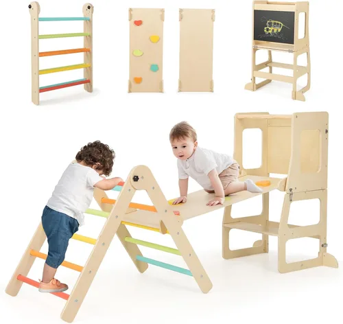 Olakids Juego de triángulo Pikler 8 en 1 juguetes de escalada para niños pequeños Gimnasio de la jungla Montessori de madera plegable con torre para
