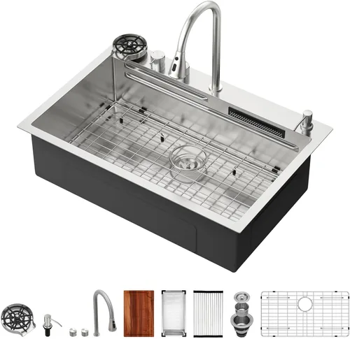 Miniatura 16 de Logmey Fregadero de cocina negro 33x22 empotrable, estación de trabajo de fregadero de cocina, SUS304 calibre 16 acero inoxidable, tazón individual