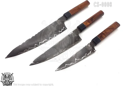 Miniatura 3 de Juego de cuchillos de cocina de acero San Mai hechos a mano personalizados con mango de madera y hoja de acero mezclado, cuchillos de chef con rollo