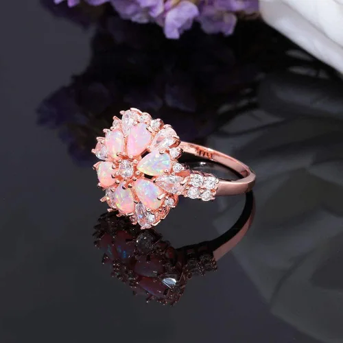 Miniatura 4 de CiNily Anillo de ópalo, chapado en oro rosa de 14 quilates, circonita cúbica de ópalo rosa, anillo de piedras preciosas para mujer, talla 5-12