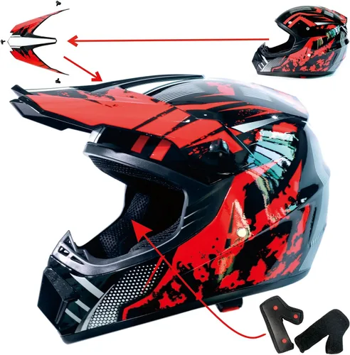 Miniatura 5 de Casco de motocross DOT Dirtbike ATV Motocicleta Bicicleta de Montaña Casco de cara completa con gafas y guantes, máscara rojo brillante Tormenta S
