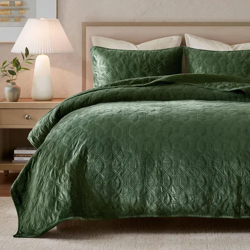 Madison Park Harper - Juego de edredón de terciopelo con costuras geométricas casuales para todas las estaciones, colcha ligera, ropa de cama Verde