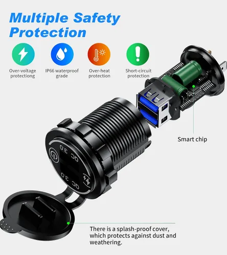 Miniatura 3 de Paquete de 2 enchufes de carga rápida 3.0 con cargador USB dual, toma de corriente USB impermeable de 36 W, carga rápida con interruptor táctil
