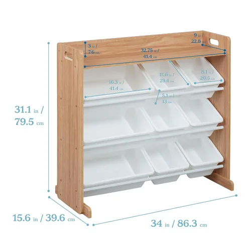 Miniatura 3 de ECR4Kids Organizador de 3 niveles con estante y 9 contenedores, almacenamiento para juguetes, natural oscuro/blanco