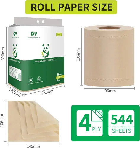 Miniatura 2 de Papel higiénico de bambú, 4 capas, 18 rollos, 200 hojas por rollo, total de 3600 hojas, sin blanquear, sostenible y sin árboles, suave, fuerte