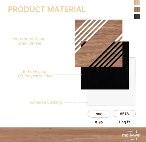 Miniatura 7 de Mollywell Paneles acústicos, decoración de grano de madera de PVC, azulejos de pared con patrón tallado de 12 x 12 pulgadas, autoadhesivos