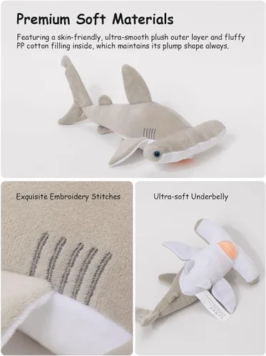 Miniatura 3 de Lindo juguete de peluche de tiburón martillo, adorable animal de mar de peluche de tiburón suave de 12 pulgadas para niños, esponjoso, regalo