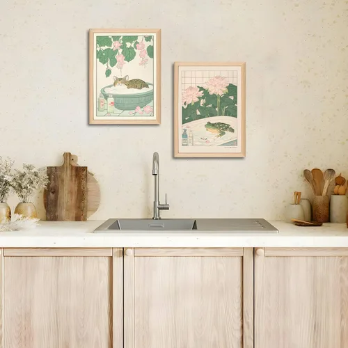 Miniatura 4 de Juego de 2 lienzos japoneses enmarcados para pared de baño con gatos y ranas, marco de madera, impresiones abstractas de naturaleza para decoración
