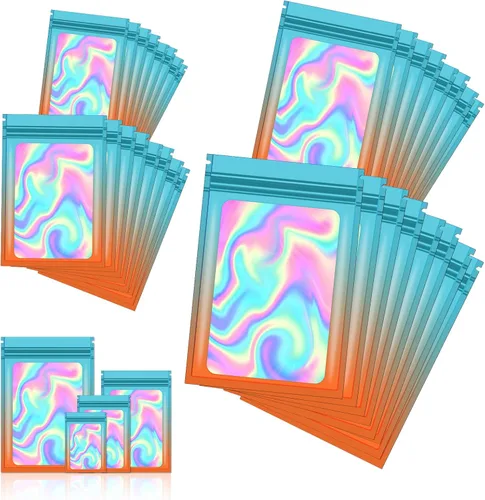 Miniatura 41 de 120 bolsas de tereftalato de polietileno a prueba de olores, bolsa de embalaje holográfica resellable con ventana transparente para alimentos