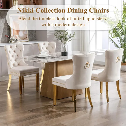 Miniatura 2 de civama Juego de 2 sillas de comedor de la colección Nikki de terciopelo, tapizadas, modernas, de lujo, copetudas, con ribete de clavos, anillo Beige