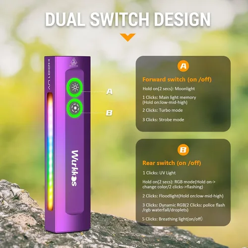 Miniatura 6 de Wurkkos HD01 Linterna UV, linterna EDC recargable, linterna LED con luz UV de 365 nm, linterna plana de 1200 lúmenes con RGB, luz de bolsillo