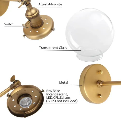 Miniatura 6 de Pathson Aplique de pared industrial con cable con vidrio de globo transparente, interruptor de encendido y apagado, lámpara de pared vintage