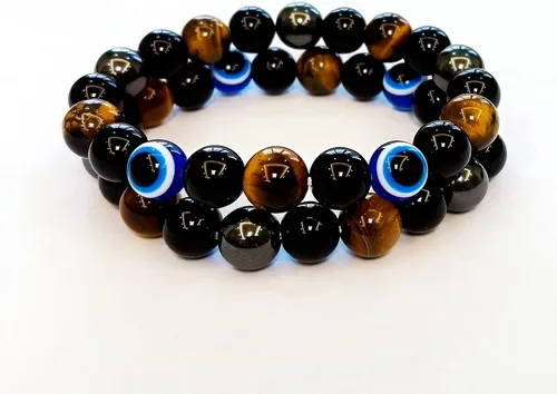 Miniatura 74 de Pulseras de triple protección con piedra de ojo de tigre de obsidiana negra con hematita para hombres y mujeres, pulsera de piedra curativa