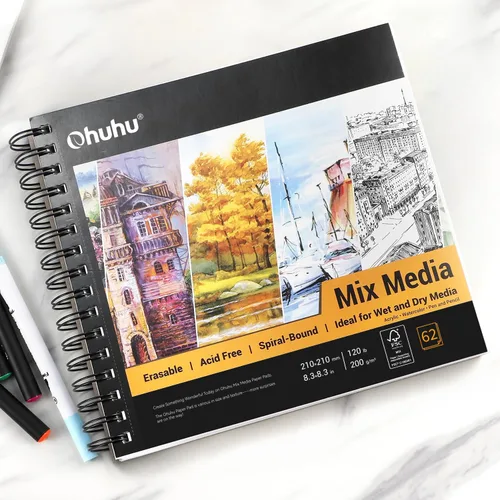 Miniatura 7 de Ohuhu Mix Media Pad, cuaderno de bocetos de arte mixto de 8.3 x 8.3 pulgadas, papel pesado de 120 lb/200 GSM, 62 hojas/124 páginas, bloc de papel
