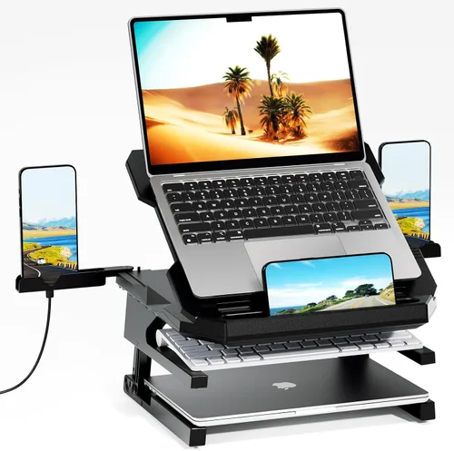 Miniatura 7 de OImaster Soporte ergonómico ajustable y plegable para computadora portátil con ventilación térmica, soporte elevador para laptop compatible