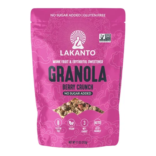 Lakanto Berry Crunch Granola - Delicioso Snack, Cereal para Desayuno Rápido, Apto para Keto, Edulcorante de Fruta del Monje, Sin Azúcar Añadida,