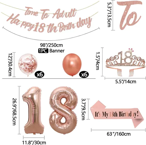 Miniatura 2 de Decoraciones de cumpleaños número 18 de oro rosa para niñas, pancarta de cumpleaños número 18, banda de cumpleaños 18, tiara de 40 pulgadas, número