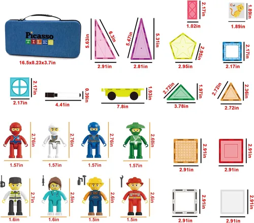 Miniatura 7 de PicassoTiles - Juego de 100 piezas de bloques de construcción magnéticos con estuche de transporte, base de auto magnética, 8 personajes magnéticos