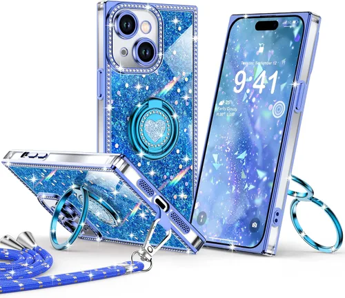 Miniatura 18 de XYZ Funda para iPhone 13, con purpurina brillante con soporte de corazón de 2 anillos y cordón, funda protectora a prueba de golpes con diamantes