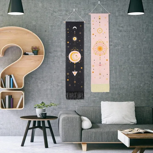 Miniatura 4 de Ochine Paquete de 2 tapices de fase lunar para colgar en la pared, tapices bohemios, fases blancas y negras, decoración del hogar para sala de estar