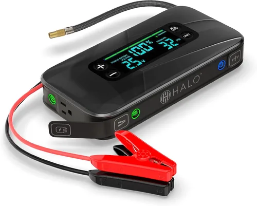 HALO Bolt Ultimate 3 arrancador de batería de auto portátil | Compresor de aire de 130 PSI, banco de energía USB de 55.5Wh, pantalla grande, faro de
