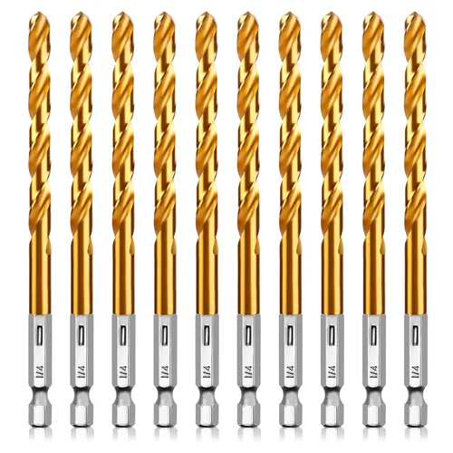 Juego de brocas helicoidales de titanio, 10 brocas de vástago hexagonal de 1/4 pulgadas, acero de alta velocidad para madera, plástico, aleación de