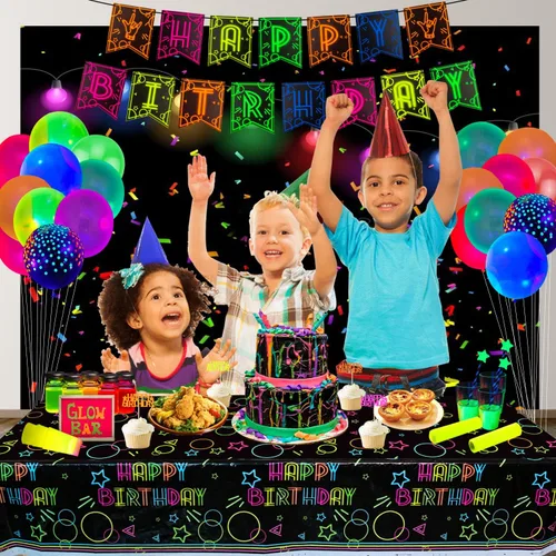 Miniatura 4 de Paquete de 3 suministros para manteles de fiesta que brillan en la oscuridad, mantel desechable de plástico neón, mantel rectangular con estampado