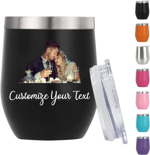 Vasos de vino personalizados con nombres y fotos con tapa para mujeres, juego de vasos de vino aislados personalizados de acero inoxidable, regalos