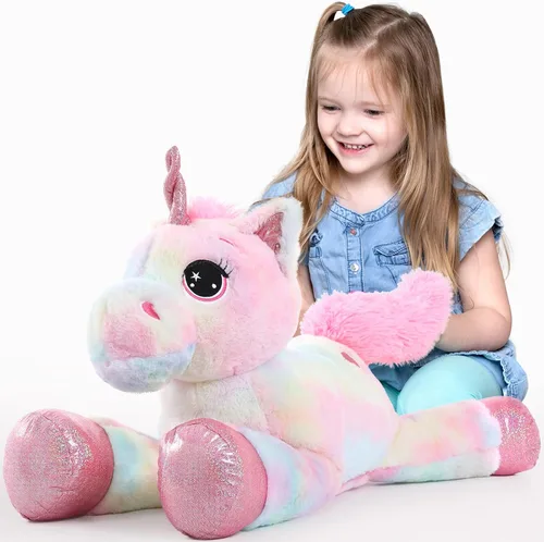 Miniatura 15 de Tezituor Juguetes de peluche de unicornio grande de 43 pulgadas, animales de peluche de unicornio blanco hueso, bonitas decoraciones de cumpleaños