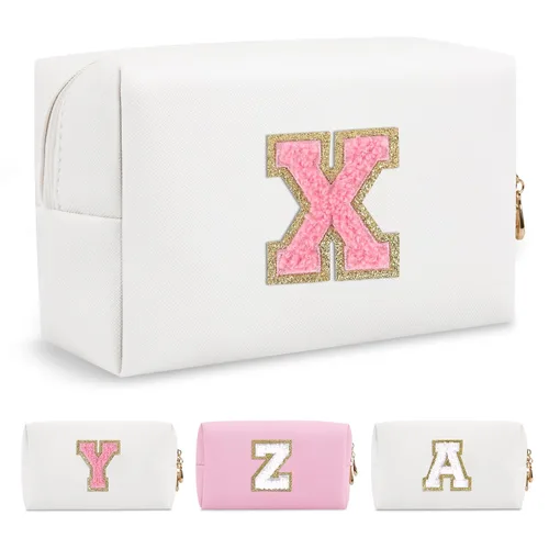 Miniatura 168 de Pequeña bolsa de maquillaje personalizada con inicial A-Z Preppy Patch, bolsa de cosméticos de viaje de felpilla blanca con cremallera, bonita bolsa