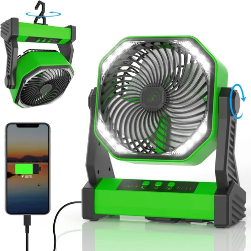 Gewanolla Ventilador recargable portátil con luz LED, ventilador de campamento con batería de 20000 mAh con gancho, pivote de 270°, 4 velocidades,