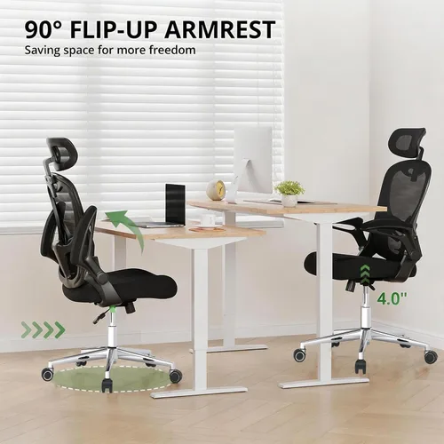 Miniatura 7 de Silla de oficina, malla ergonómica transpirable, brazos abatibles y respaldo alto ajustable, cómoda silla de computadora para oficina en casa Negro