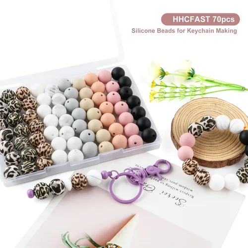 Miniatura 3 de 70 cuentas de silicona impresas para hacer llaveros, cuentas redondas de silicona de 0.59 pulgadas para hacer bolígrafos, collares y pulseras