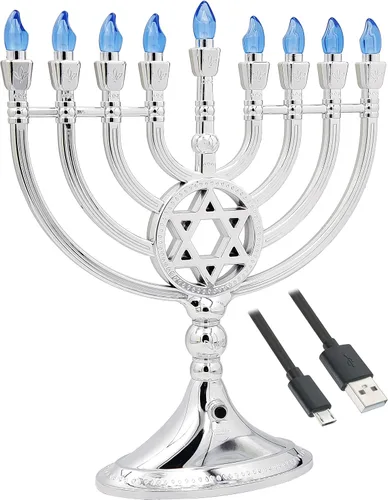 Miniatura 5 de The Dreidel Company Candelabro tradicional LED eléctrico de Hanukkah en oro - Tamaño grande de 13 pulgadas de alto operado con batería o USB - Dorado