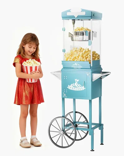 Carro de máquina de palomitas de maíz de 10 onzas, máquina para hacer palomitas con rueda y hervidor de acero inoxidable que hace hasta 40 tazas,