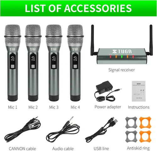 Miniatura 9 de XTUGA Sistema de micrófono inalámbrico UHF de 4 canales, Plug and Play, micrófonos de mano de metal con rango de 164 pies, mini receptor