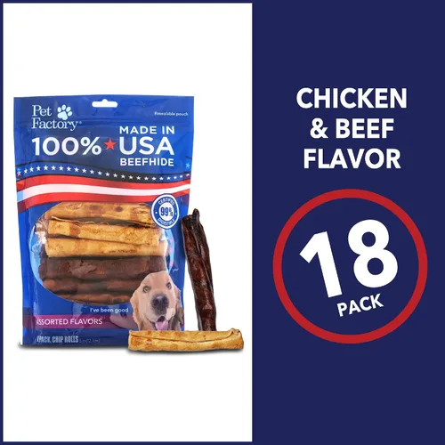 Miniatura 4 de Pet Factory 100% Hecho en EE. UU. Rollos de Chip de Cuero de Res de 5" Mordedores para Perros - Sabor a Carne y Pollo, 18 Unidades/1 Paquete