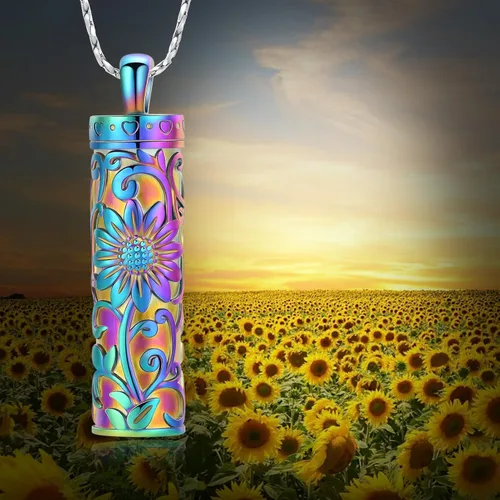 Miniatura 4 de Collar de urna de girasol para cenizas, collar de barra cilíndrica para cenizas para mujer, colgante de recuerdo para cenizas, joyería de cremación