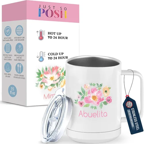 Miniatura 10 de Just So Posh Abuela Flowers - Vaso de café con asa y tapa deslizante, color blanco de 15 onzas, color camello polar, acero inoxidable, aislado al