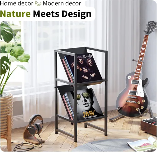 Miniatura 3 de Soporte de almacenamiento de discos de vinilo de metal negro de 2 niveles para colección Conceptual Design, Sturdy Black Metal Frame, 2-Tier