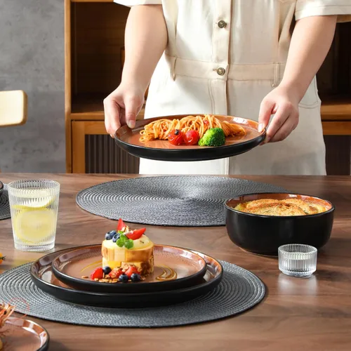 Miniatura 6 de vancasso Juego de platos y cuencos, juego de vajilla de gres de 18 piezas para 6, juego de platos de cocina de gres apto para microondas y Marrón