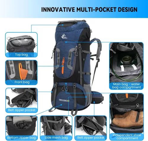 Miniatura 3 de Bseash Mochila impermeable de 80 L para senderismo y campamento con cubierta para lluvia, ligera, para deportes al aire libre, para escalar, turismo