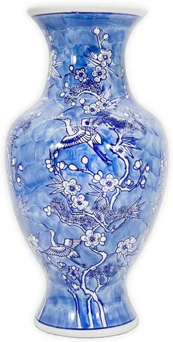 Galt International Jarrón de Cerámica Floral de Grulla Chinoiserie Blanco y Azul de 14" - Jarrón Antiguo Pintado a Mano de Porcelana Estilo Chino de