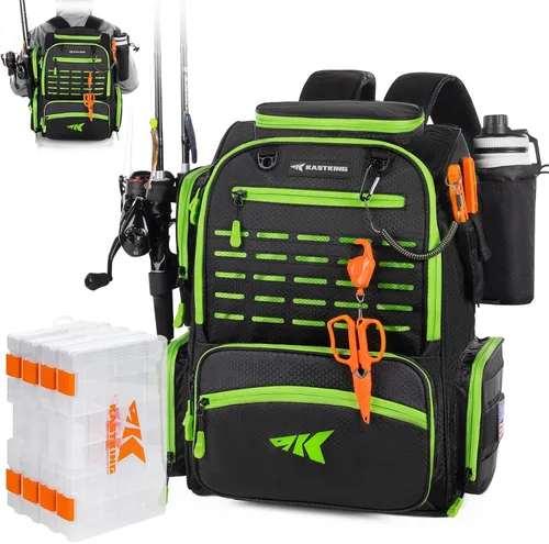 Miniatura 7 de KastKing Bait Boss Mochila de aparejos de pesca con soportes para caña, 4 cajas de aparejos, cubierta para lluvia, almacenamiento grande de 43 L B